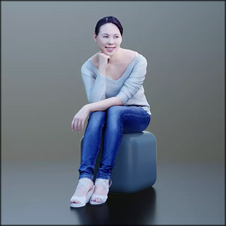 拖着下巴坐在凳子上微笑的女人3D模