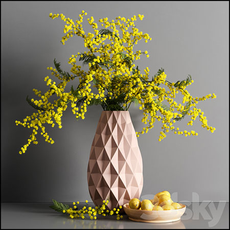柠檬和含羞草花瓶装饰品3D模型16设