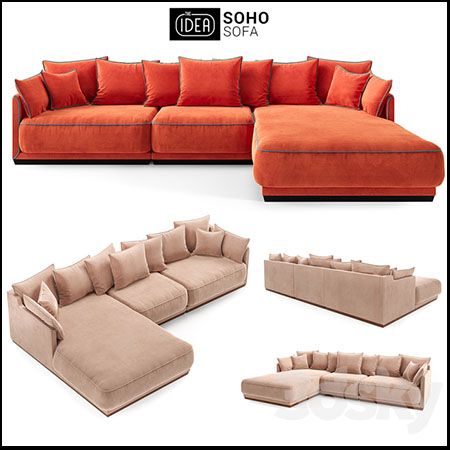 橘红色布艺转角沙发3D模型