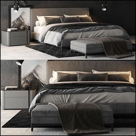 Minotti Andersen双人床床头柜和换鞋凳3D模型16设计网精选