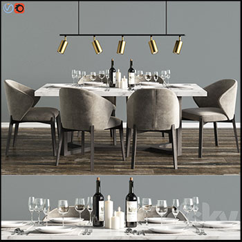 餐桌餐椅和桌子上的红酒酒杯3D模型