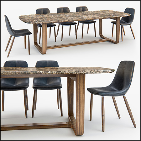 长方形大理石餐桌和皮质餐椅3D模型