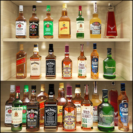 酒吧玻璃瓶装威士忌酒和酒柜3D模型16图库网精选
