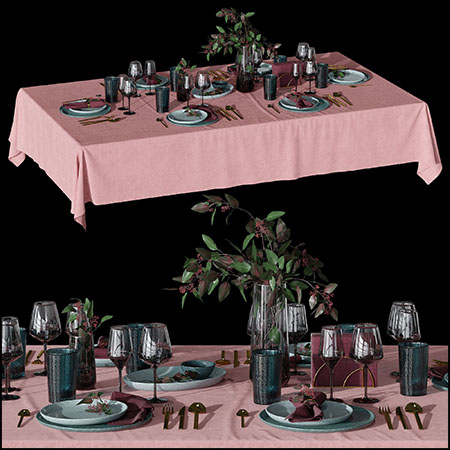 餐桌餐具和餐桌上的装饰品3D模型素材天下精选