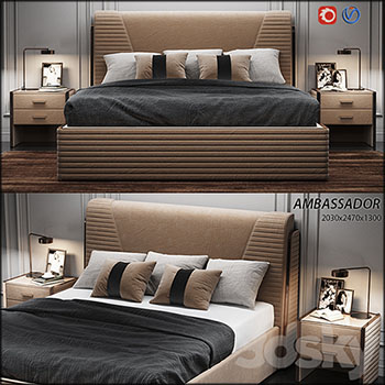 欧式现代双人床和床头柜台灯组合3D