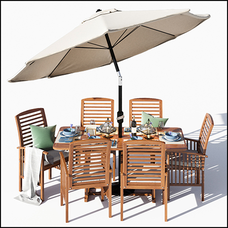 户外酒吧餐厅休闲餐桌餐椅和遮阳伞套装3D模型
