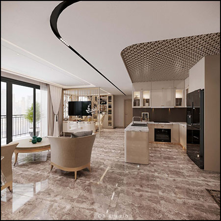 现代客厅和开放式厨房场景3D模型By Duong Bui