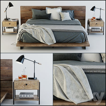 实木双人床和床头柜台灯3D模型