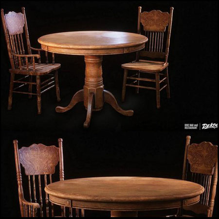 复古木椅和圆形木桌3D模型