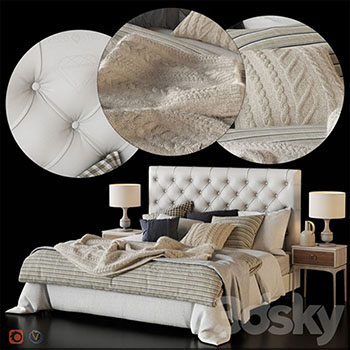 欧式双人床亚麻布床垫枕头床头柜和台灯组合3D模型