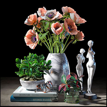 大理石花盆中的银莲花和眼镜书籍摆件3D模型16设计网精选