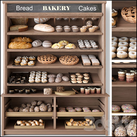 面包店货架上的面包和甜点3D模型素