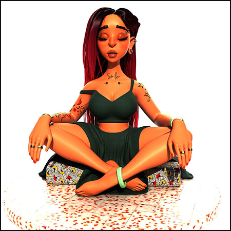 坐着冥想的卡通女人3D模型16设计网精选