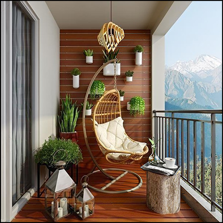 现代阳台绿色植物和吊椅摇椅3D模型