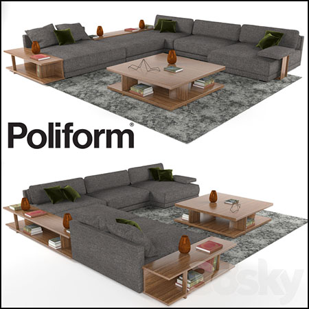转角沙发和方形木质茶几组合3D模型