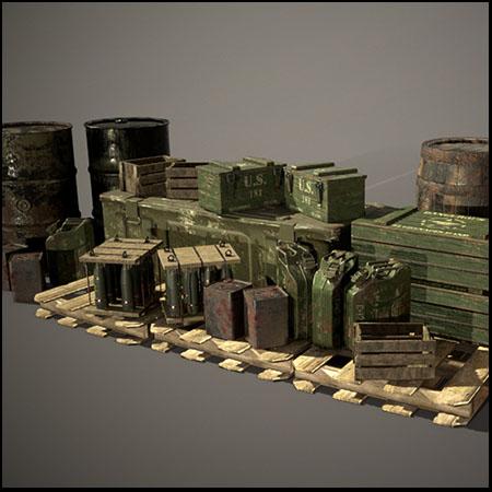 WW2型板条木箱和圆形油桶3D模型素材天下精选