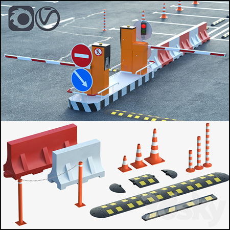 停车场升降起落杆,减速带交通指示牌圆锥等3D模型素材天下精选