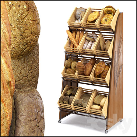 多种面包和面包展示货架3D模型16素