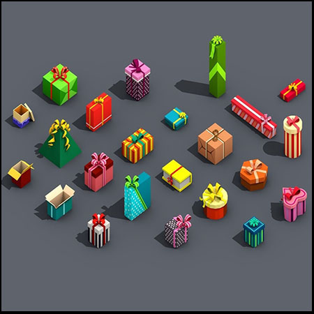 24个彩色低多边形礼物盒C4D模型