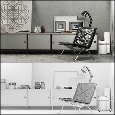 家具边柜花盆台灯和椅子组合3D/C4D