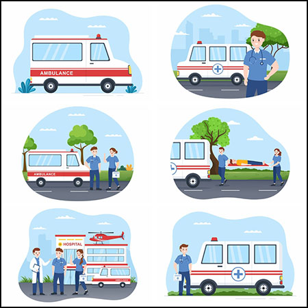 10款救护车救援场景插图PSD/PNG/AI/EPS模板