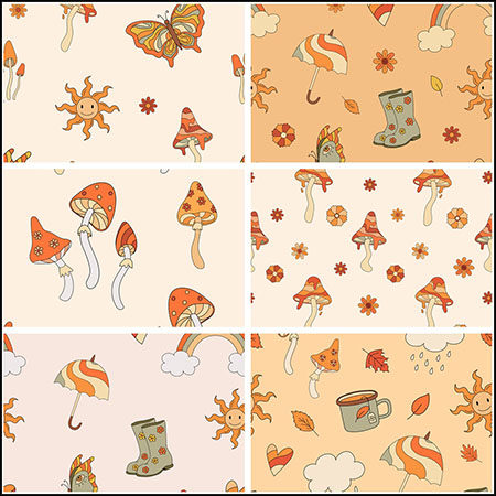 6款秋季可爱蘑菇 太阳 枫叶装饰无缝图案矢量背景
