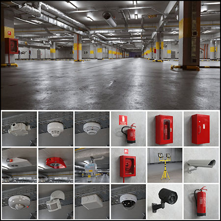 66款停车场车库电气消防和监控安全3D/C4D模型素材天下精选