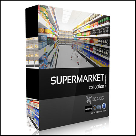 超市摆满货物的货架饮料柜和购物车C4D/3D模型