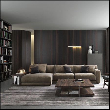书房室内场景-书橱 沙发椅 沙发和雕塑以及各种书C4D/3D模型