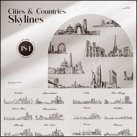 184款全球手绘国家城市著名建筑地理标志PNG/AI矢量插图