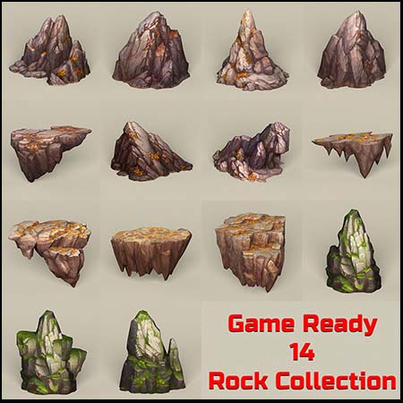 14款不同风格的游戏低多边形C4D/3D石头岩石模型