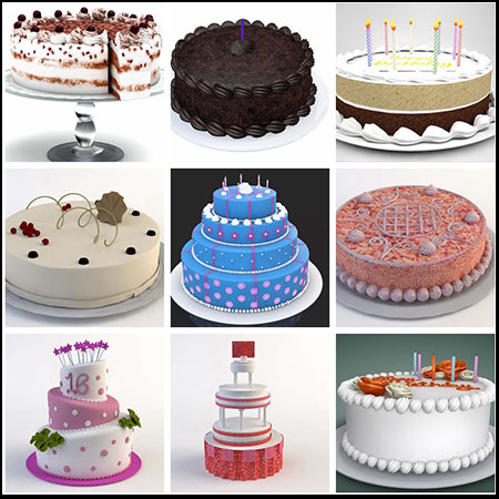 9款切开和完整的生日蛋糕C4D模型16