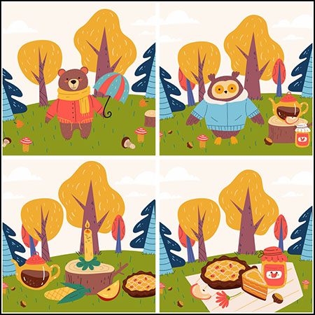 4款秋季手绘抽象涂鸦森林动物插图1