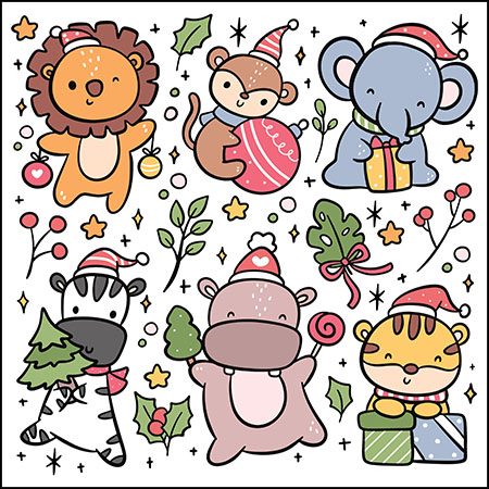 6款戴圣诞帽的可爱卡通动物素材中国网精选矢量插图