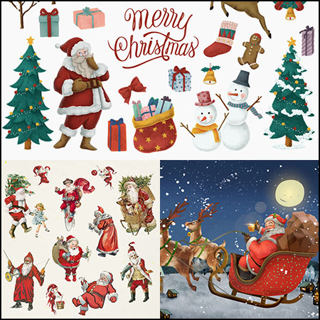 2套圣诞节圣诞老人雪橇麋鹿雪人圣诞元素素材天下精选矢量插图