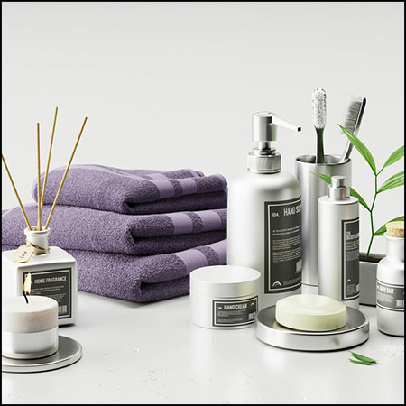 浴室用品毛巾 洗发水等套件C4D模型素材天下精选